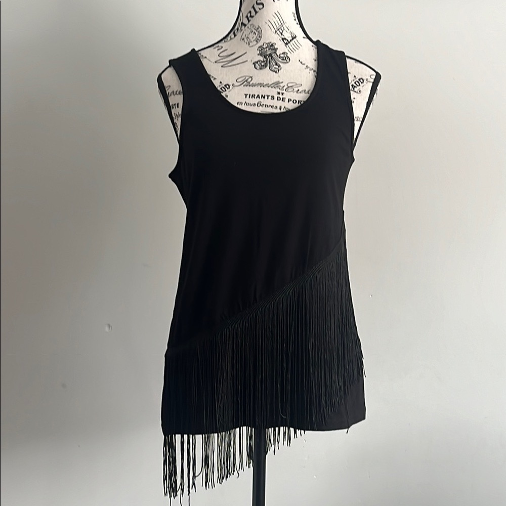 Yest Black Asymmetrical Fringe Tank Textured Minimal Size Small